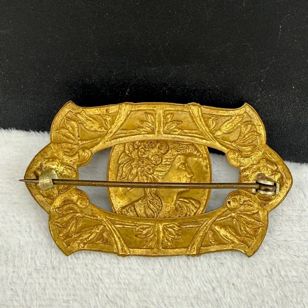 Vintage Brass Cameo Brooch Sash Pin